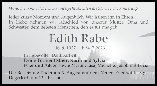 Traueranzeige von Edith Rabe von Stuttgarter Zeitung / Stuttgarter Nachrichten