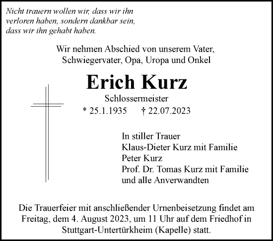 Traueranzeige von Erich Kurz von Stuttgarter Zeitung / Stuttgarter Nachrichten