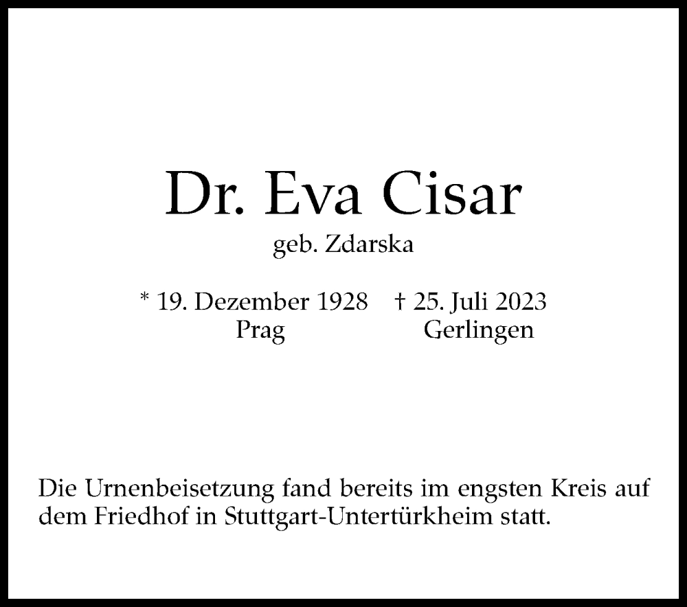  Traueranzeige für Eva Cisar vom 26.08.2023 aus Stuttgarter Zeitung / Stuttgarter Nachrichten