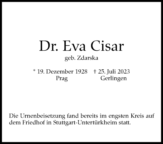Traueranzeige von Eva Cisar von Stuttgarter Zeitung / Stuttgarter Nachrichten