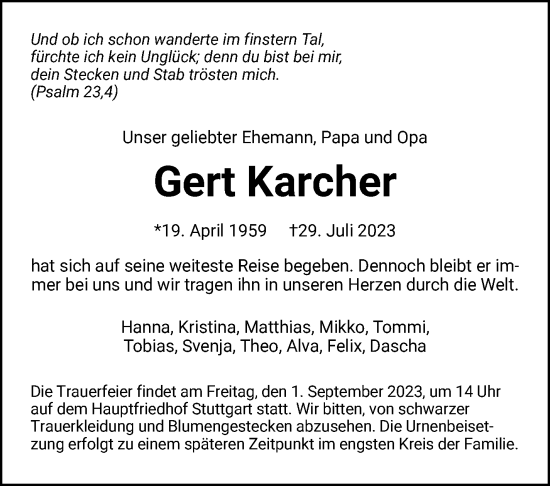 Traueranzeige von Gert Karcher von Stuttgarter Zeitung / Stuttgarter Nachrichten