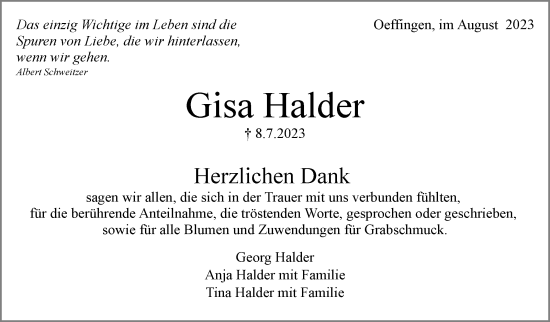Traueranzeige von Gisa Halder von Stuttgarter Zeitung / Stuttgarter Nachrichten