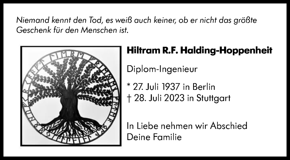  Traueranzeige für Hiltram R.F. Halding-Hoppenheit vom 05.08.2023 aus Stuttgarter Zeitung / Stuttgarter Nachrichten