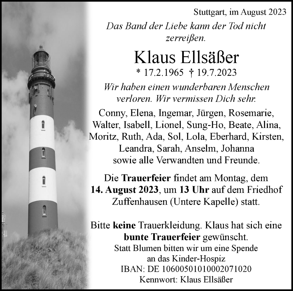  Traueranzeige für Klaus Ellsäßer vom 05.08.2023 aus Stuttgarter Zeitung / Stuttgarter Nachrichten