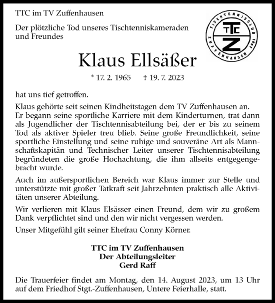Traueranzeige von Klaus Ellsäßer von Stuttgarter Zeitung / Stuttgarter Nachrichten