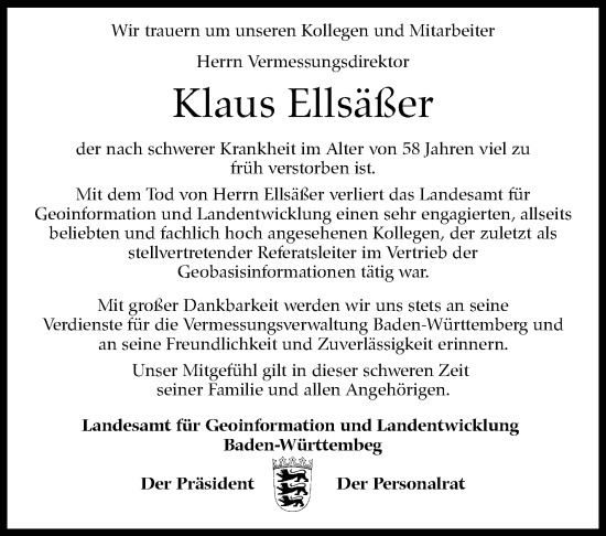 Traueranzeige von Klaus Ellsäßer von Stuttgarter Zeitung / Stuttgarter Nachrichten