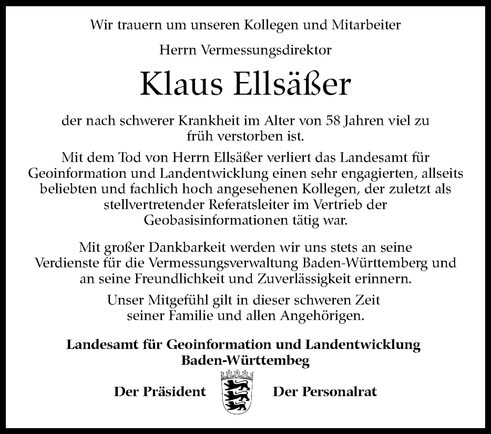  Traueranzeige für Klaus Ellsäßer vom 10.08.2023 aus Stuttgarter Zeitung / Stuttgarter Nachrichten