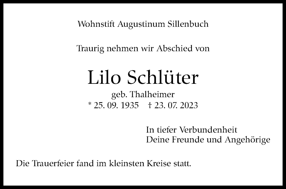  Traueranzeige für Lilo Schlüter vom 12.08.2023 aus Stuttgarter Zeitung / Stuttgarter Nachrichten