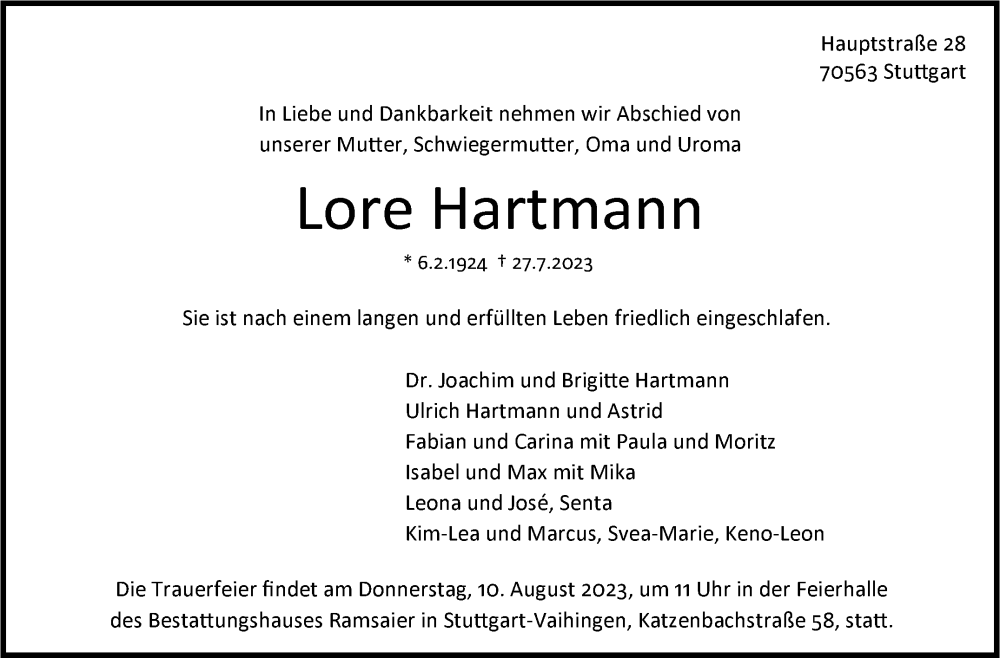  Traueranzeige für Lore Hartmann vom 05.08.2023 aus Stuttgarter Zeitung / Stuttgarter Nachrichten