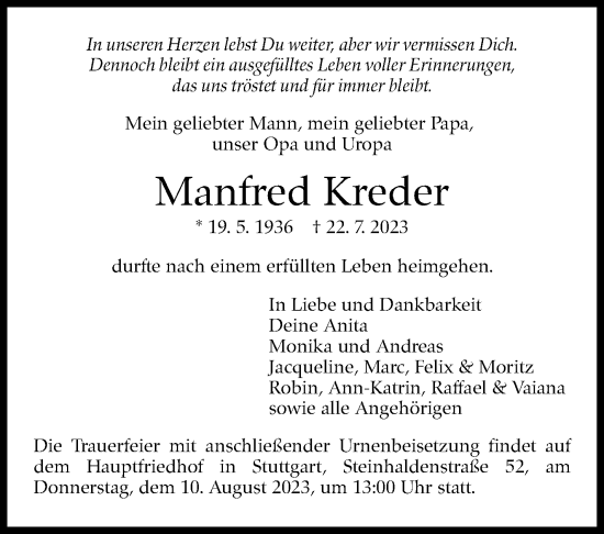 Traueranzeige von Manfred Kreder von Stuttgarter Zeitung / Stuttgarter Nachrichten
