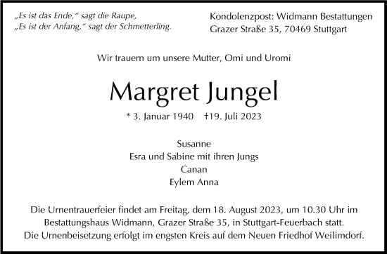 Traueranzeige von Margret Jungel von Stuttgarter Zeitung / Stuttgarter Nachrichten