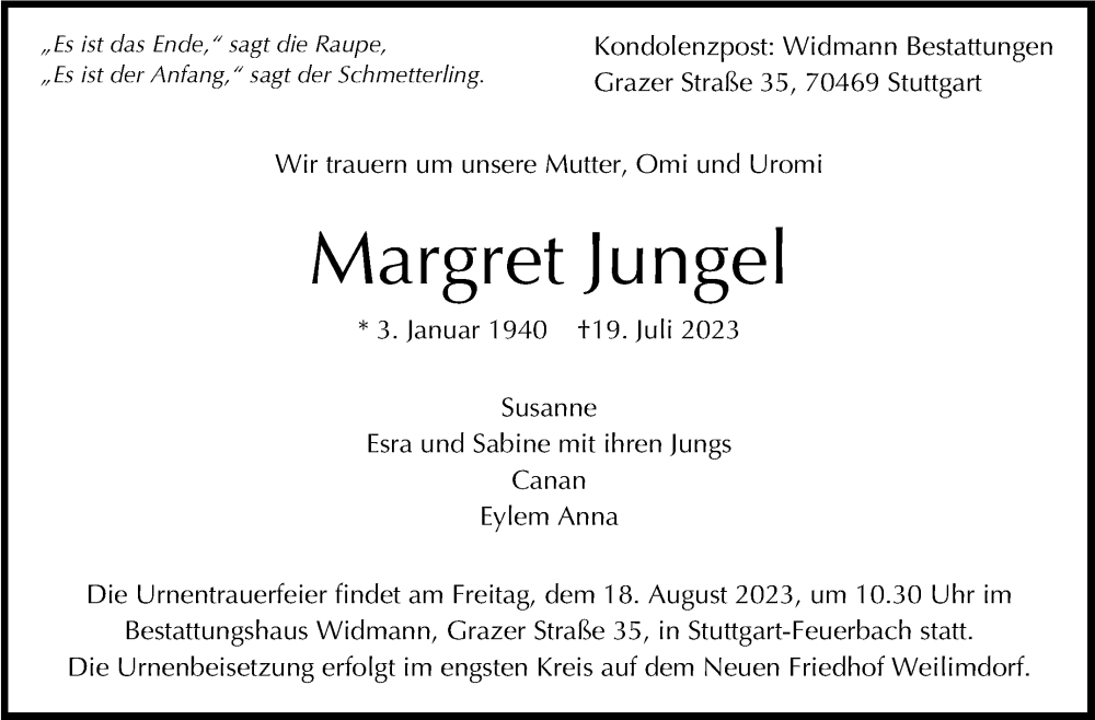  Traueranzeige für Margret Jungel vom 09.08.2023 aus Stuttgarter Zeitung / Stuttgarter Nachrichten