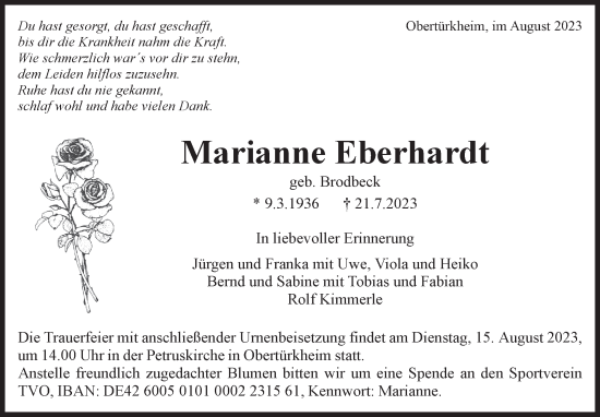Traueranzeige von Marianne Eberhardt von Stuttgarter Zeitung / Stuttgarter Nachrichten