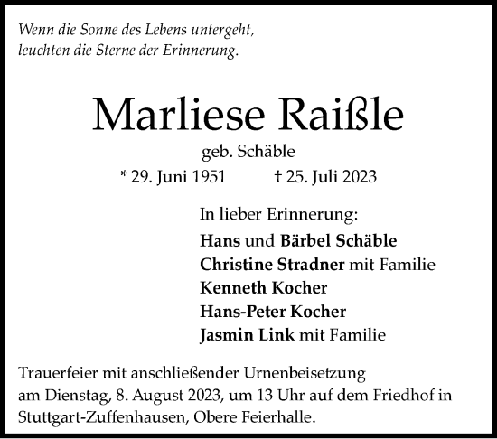 Traueranzeige von Marliese Raißle von Stuttgarter Zeitung / Stuttgarter Nachrichten