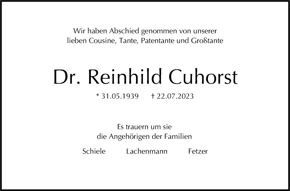  Traueranzeige für Reinhild Cuhorst vom 12.08.2023 aus Stuttgarter Zeitung / Stuttgarter Nachrichten