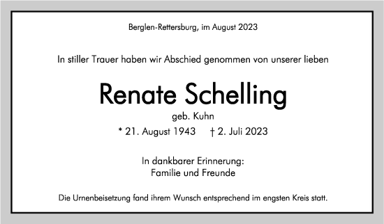 Traueranzeige von Renate Schelling von Stuttgarter Zeitung / Stuttgarter Nachrichten