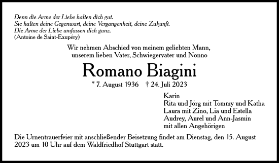 Traueranzeige von Romano Biagini von Stuttgarter Zeitung / Stuttgarter Nachrichten