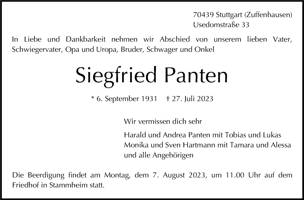  Traueranzeige für Siegfried Panten vom 03.08.2023 aus Stuttgarter Zeitung / Stuttgarter Nachrichten