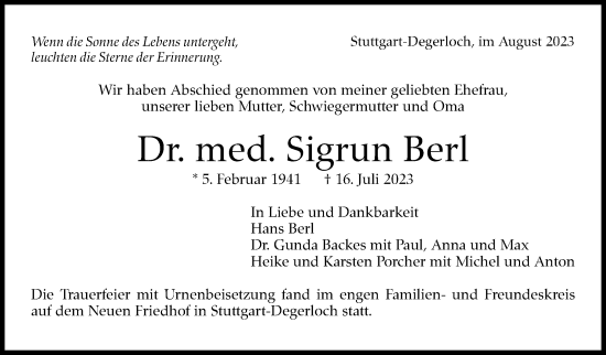 Traueranzeige von Sigrun Berl von Stuttgarter Zeitung / Stuttgarter Nachrichten