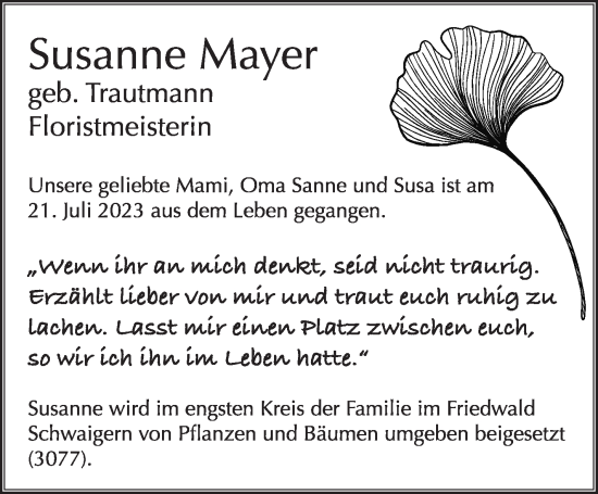 Traueranzeige von Susanne Mayer von Stuttgarter Zeitung / Stuttgarter Nachrichten