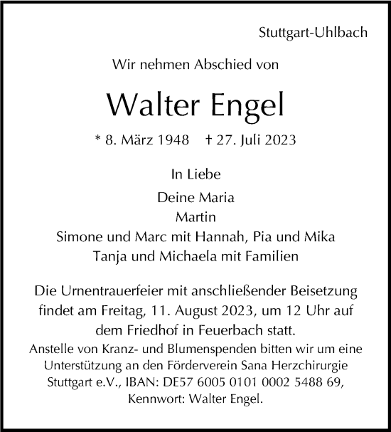 Traueranzeige von Walter Engel von Stuttgarter Zeitung / Stuttgarter Nachrichten