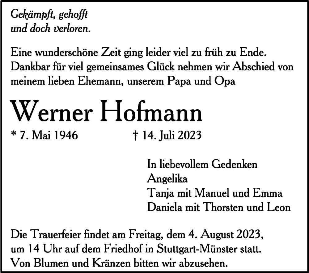  Traueranzeige für Werner Hofmann vom 03.08.2023 aus Stuttgarter Zeitung / Stuttgarter Nachrichten