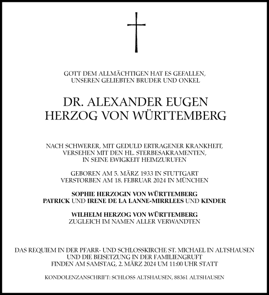 Traueranzeige von Alexander Eugen  Herzog von Württemberg von Stuttgarter Zeitung / Stuttgarter Nachrichten