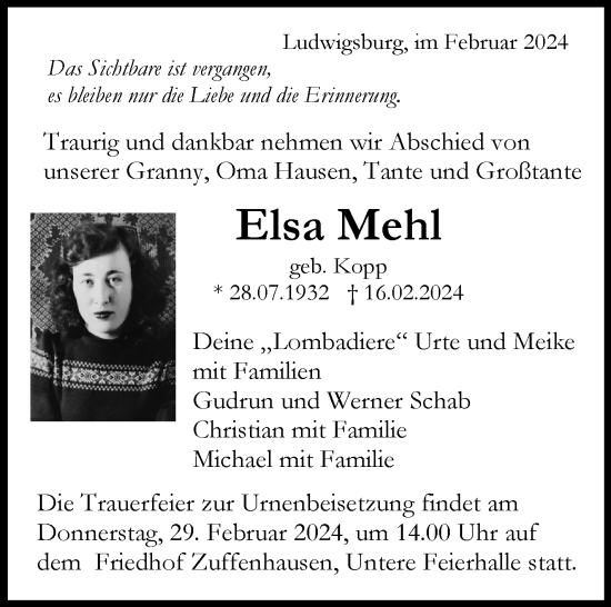 Traueranzeige von Elsa Mehl von Stuttgarter Zeitung / Stuttgarter Nachrichten