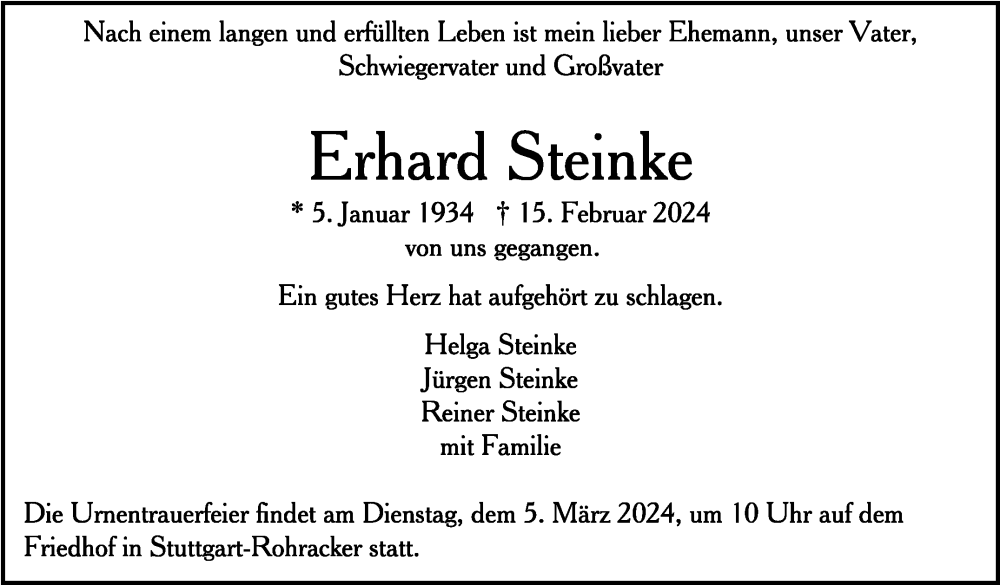  Traueranzeige für Erhard Steinke vom 24.02.2024 aus Stuttgarter Zeitung / Stuttgarter Nachrichten