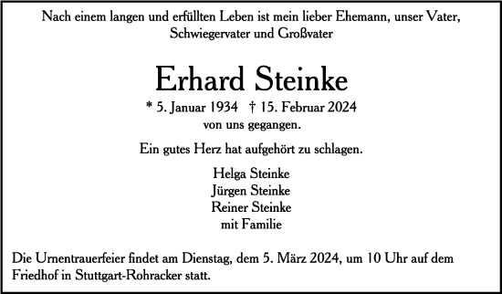 Traueranzeige von Erhard Steinke von Stuttgarter Zeitung / Stuttgarter Nachrichten