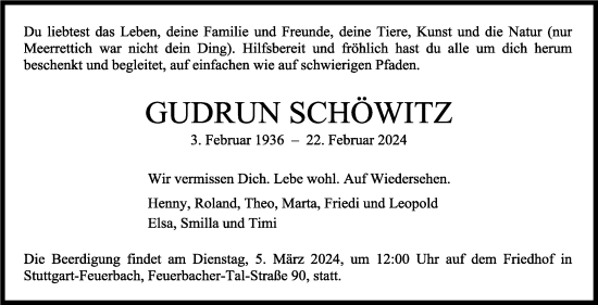 Traueranzeige von Gudrun Schöwitz von Stuttgarter Zeitung / Stuttgarter Nachrichten