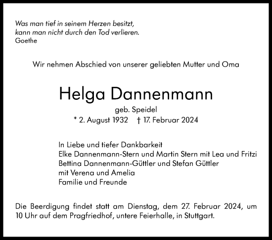 Traueranzeige von Helga Dannenmann von Stuttgarter Zeitung / Stuttgarter Nachrichten