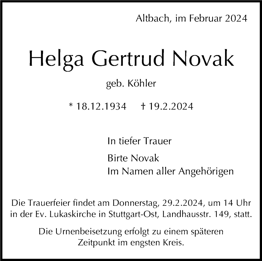  Traueranzeige für Helga Gertrud Novak vom 28.02.2024 aus Stuttgarter Zeitung / Stuttgarter Nachrichten