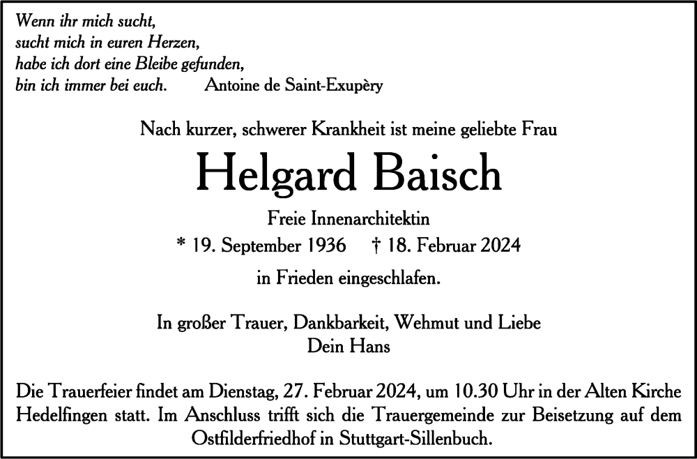  Traueranzeige für Helgard Baisch vom 24.02.2024 aus Stuttgarter Zeitung / Stuttgarter Nachrichten