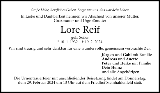 Traueranzeige von Lore Reif von Stuttgarter Zeitung / Stuttgarter Nachrichten