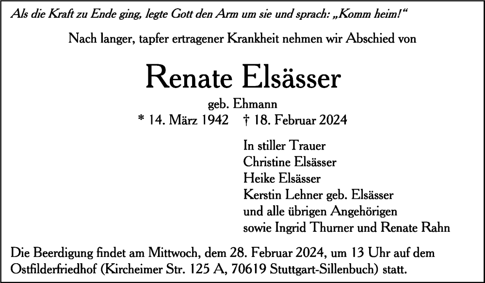  Traueranzeige für Renate Elsässer vom 27.02.2024 aus Stuttgarter Zeitung / Stuttgarter Nachrichten