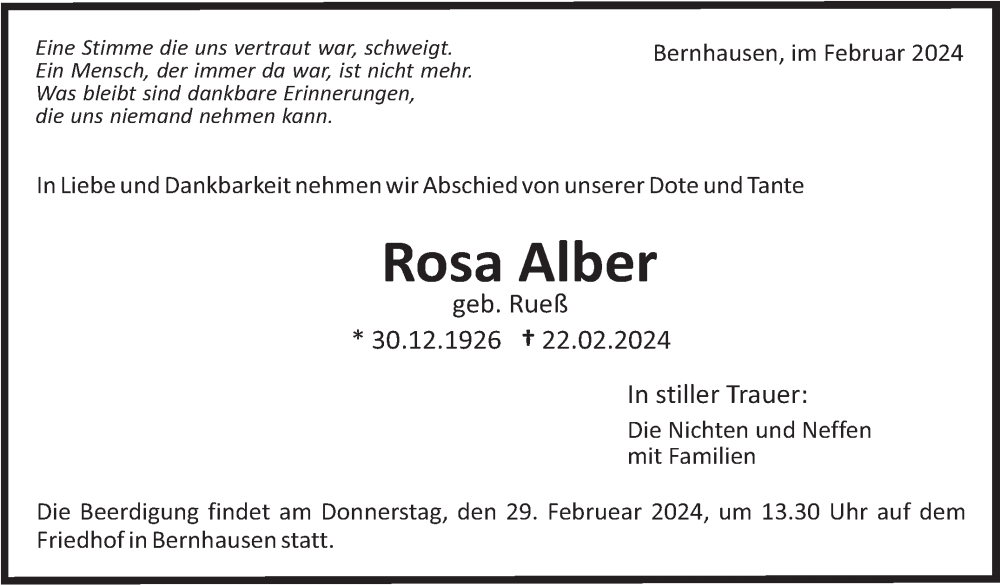  Traueranzeige für Rosa Alber vom 28.02.2024 aus Stuttgarter Zeitung / Stuttgarter Nachrichten