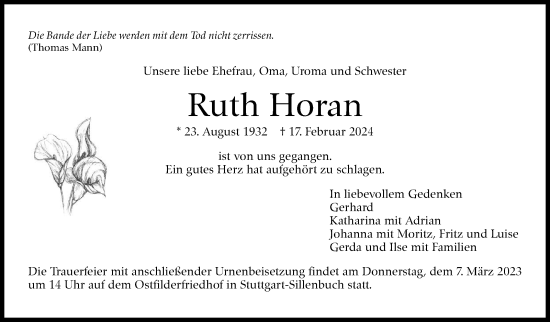Traueranzeige von Ruth Horan von Stuttgarter Zeitung / Stuttgarter Nachrichten
