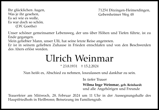 Traueranzeige von Ulrich Weinmar von Stuttgarter Zeitung / Stuttgarter Nachrichten