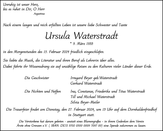 Traueranzeige von Ursula Waterstardt von Stuttgarter Zeitung / Stuttgarter Nachrichten