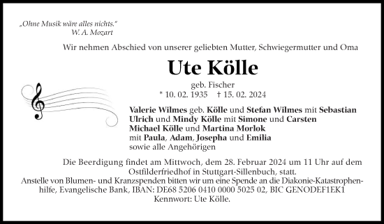 Traueranzeige von Ute Kölle von Stuttgarter Zeitung / Stuttgarter Nachrichten
