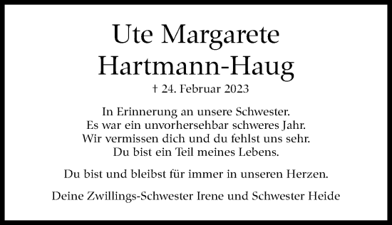 Traueranzeige von Ute Margarete Hartmann-Haug von Stuttgarter Zeitung / Stuttgarter Nachrichten