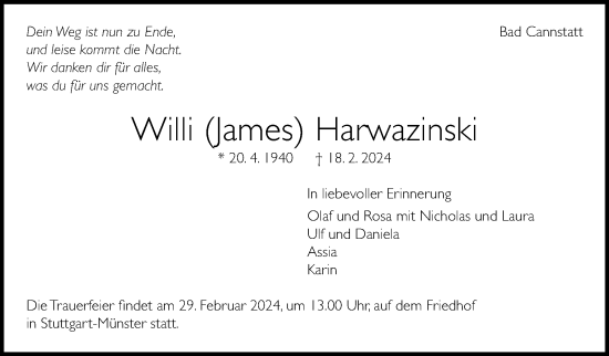 Traueranzeige von Willi Harwazinski von Stuttgarter Zeitung / Stuttgarter Nachrichten
