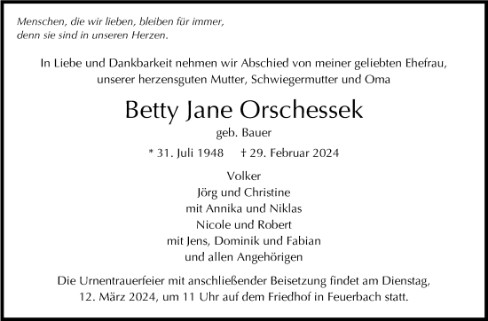 Traueranzeige von Betty Jane Orschessek von Stuttgarter Zeitung / Stuttgarter Nachrichten