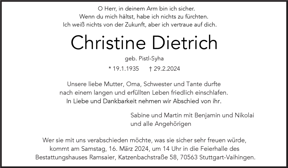  Traueranzeige für Christine Dietrich vom 09.03.2024 aus Stuttgarter Zeitung / Stuttgarter Nachrichten