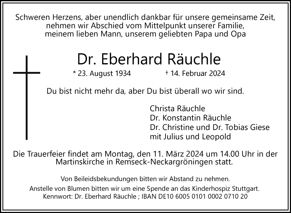  Traueranzeige für Eberhard Räuchle vom 09.03.2024 aus Stuttgarter Zeitung / Stuttgarter Nachrichten