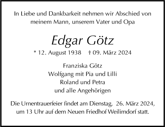 Traueranzeige von Edgar Götz von Stuttgarter Zeitung / Stuttgarter Nachrichten