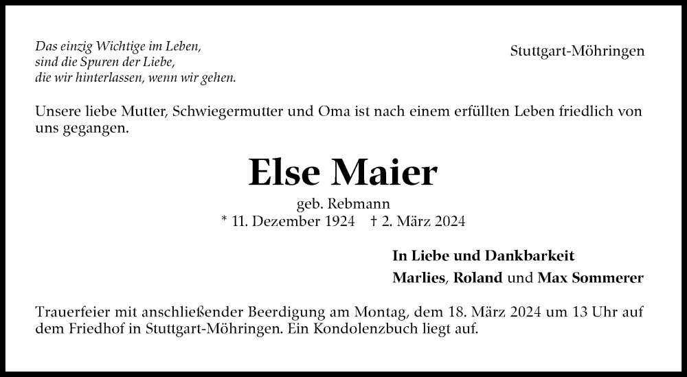  Traueranzeige für Else Maier vom 13.03.2024 aus Stuttgarter Zeitung / Stuttgarter Nachrichten