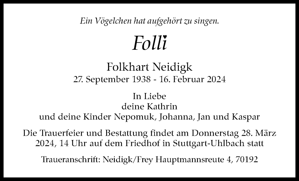 Traueranzeige für Folkhart Neidigk vom 26.03.2024 aus Stuttgarter Zeitung / Stuttgarter Nachrichten
