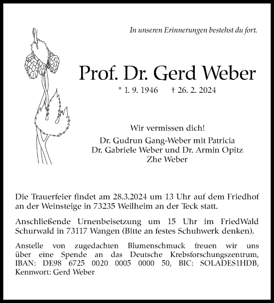 Traueranzeige von Gerd Weber von Stuttgarter Zeitung / Stuttgarter Nachrichten